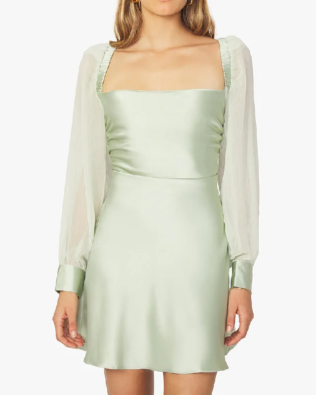 Puff Sleeve Crinkle Chiffon Cowl Dress | Fog Green