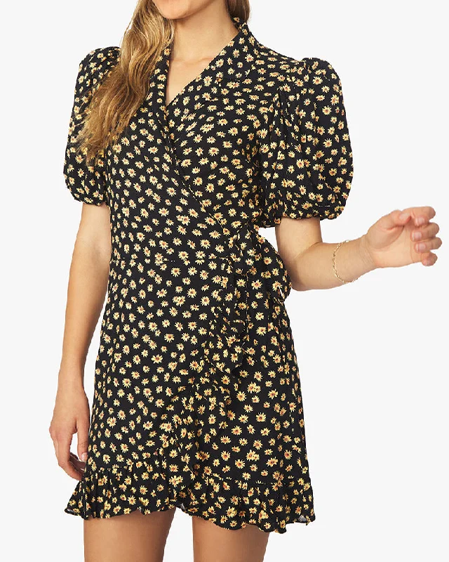 Puff Sleeve Ditsy Daisies Wrap Dress | Black