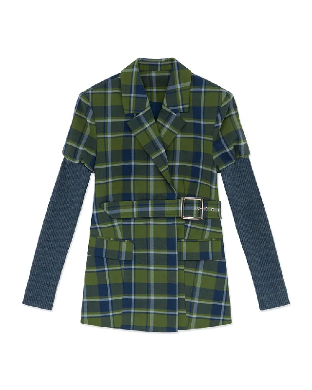 Rib Sleeve Classic Plaid Blazer | Basil French Navy