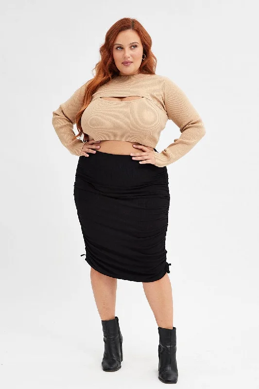 Black Rib Skirt Jersey Drawstring Side Knee Length