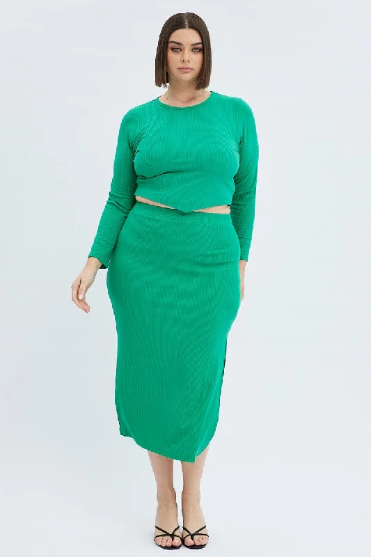 Green Midi Skirt Rib Jersey Bodycon