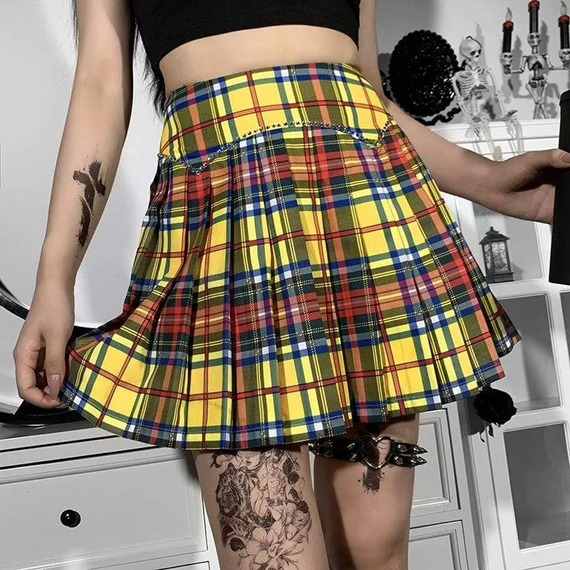 Women's Grunge Double Color Plaid Pleated Skirt