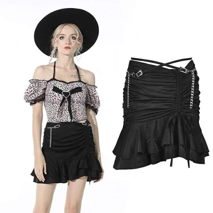 Women's Punk Drawstring Falbala Black Short Skirt