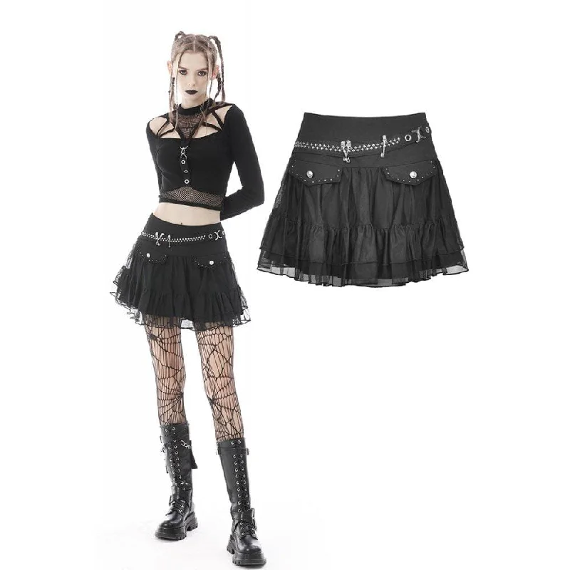 Women's Punk Skull Mesh Splice Falbala Skirt